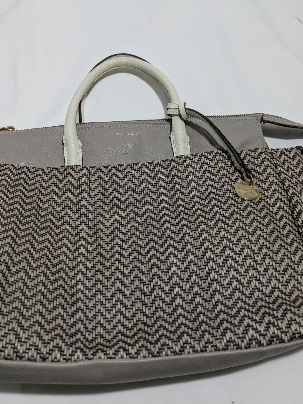 Woven Gray & Cream Satchel with Gold Charm - Women's Satchel